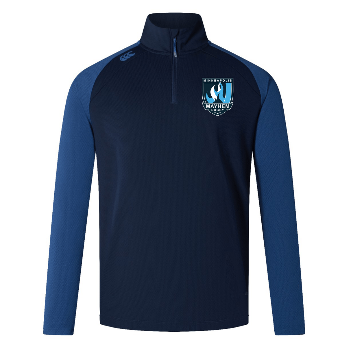 Introducing the Minneapolis Mayhem Rugby Elite First Layer by EMB Canterbury—a navy and blue long-sleeve athletic pullover with a quarter zip. This top features the Minneapolis Mayhem Rugby logo on the chest and the Canterbury logo on the shoulder. Designed for high-performance training, it incorporates VapoDri technology for superior moisture management and comfort during intense sessions.