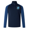 Introducing the Minneapolis Mayhem Rugby Elite First Layer by EMB Canterbury—a navy and blue long-sleeve athletic pullover with a quarter zip. This top features the Minneapolis Mayhem Rugby logo on the chest and the Canterbury logo on the shoulder. Designed for high-performance training, it incorporates VapoDri technology for superior moisture management and comfort during intense sessions.