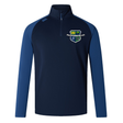 The Kingwood Rugby Elite First Layer by EMB Canterbury is a navy and blue quarter-zip pullover with a high collar and multicolored crest logo on the left chest, designed for rugby training.