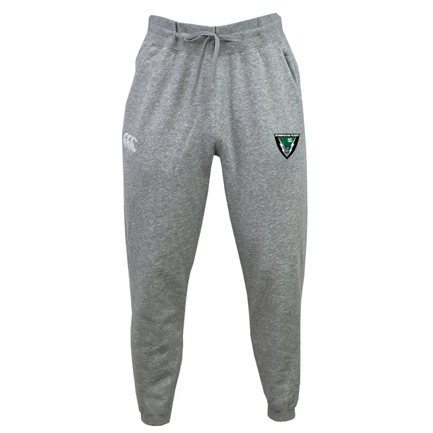 The Birmingham Rugby Leisure Sweatpant by EMB Canterbury is designed in gray with a drawstring waist, made from recycled polyester fleece, and features a logo on the upper left leg and another on the right hip.