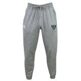 The Birmingham Rugby Leisure Sweatpant by EMB Canterbury is designed in gray with a drawstring waist, made from recycled polyester fleece, and features a logo on the upper left leg and another on the right hip.