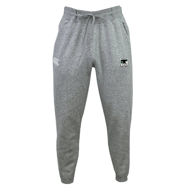 The Birmingham Steel Rugby Leisure Sweatpant by EMB Canterbury are gray sweatpants made from organic cotton, featuring a drawstring waist, a logo on the left thigh, and a small emblem on the right pocket area.