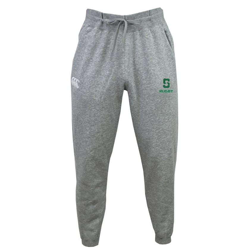The Summit Rugby Leisure Sweatpant by EMB Canterbury is made from a sustainable blend and features an elastic waistband with a drawstring. These grey sweatpants are adorned with a green "S Rugby" logo on the right thigh and a small white logo on the left thigh.