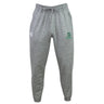 The Summit Rugby Leisure Sweatpant by EMB Canterbury is made from a sustainable blend and features an elastic waistband with a drawstring. These grey sweatpants are adorned with a green "S Rugby" logo on the right thigh and a small white logo on the left thigh.