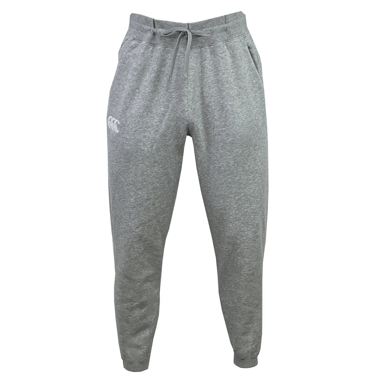 A pair of gray Canterbury Leisure Sweatpants by Canterbury, featuring an elastic waistband, drawstring, and side pockets. Made from a sustainable blend, they showcase a small logo on the upper left leg.