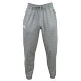 A pair of gray Canterbury Leisure Sweatpants by Canterbury, featuring an elastic waistband, drawstring, and side pockets. Made from a sustainable blend, they showcase a small logo on the upper left leg.