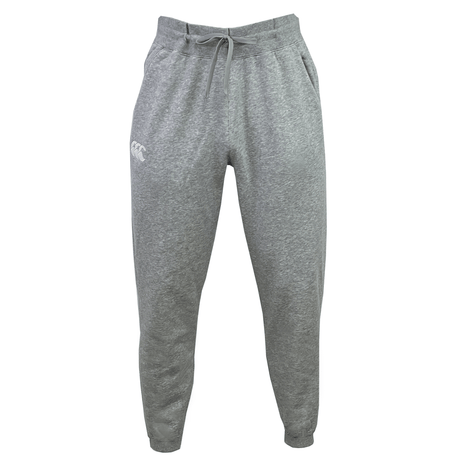 A pair of gray Canterbury Leisure Sweatpants by Canterbury, featuring an elastic waistband, drawstring, and side pockets. Made from a sustainable blend, they showcase a small logo on the upper left leg.
