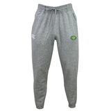 The Carmel Rugby Leisure Sweatpant by EMB Canterbury is made from sustainable fabric, featuring a drawstring waist and elastic cuffs. It displays a small white logo on the left thigh and a colorful circular logo on the right, combining style with comfort.