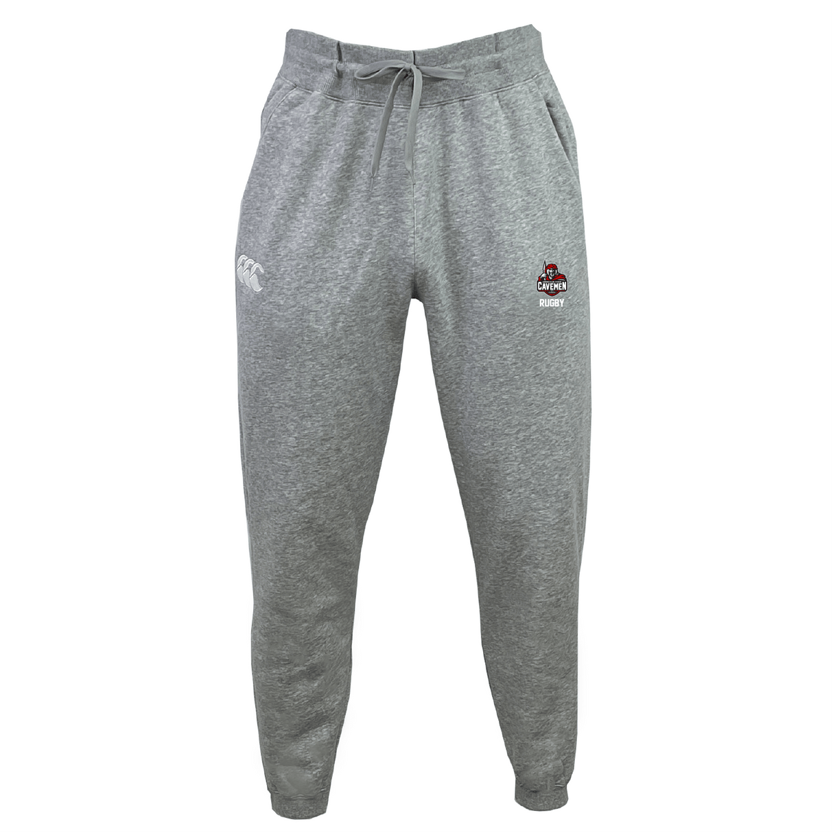 The American Fork Cavemen Leisure Sweatpant by EMB Canterbury features a drawstring waist, elasticized ankles, and a logo on the left thigh. Made from recycled polyester fleece.
