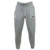 The American Fork Cavemen Leisure Sweatpant by EMB Canterbury features a drawstring waist, elasticized ankles, and a logo on the left thigh. Made from recycled polyester fleece.