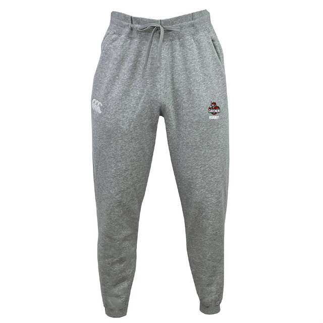 The American Fork Cavemen Leisure Sweatpant by EMB Canterbury features a drawstring waist, elasticized ankles, and a logo on the left thigh. Made from recycled polyester fleece.