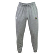 The Clover Girls Rugby Women's Leisure Sweatpant by Canterbury, from EMB Canterbury, is made from organic cotton and includes a drawstring waist. These sweatpants feature a white logo on the left thigh and a colorful emblem on the right, merging style with sustainability.