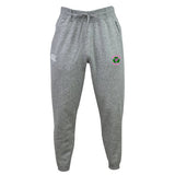 The Clover Girls Rugby Women's Leisure Sweatpant by Canterbury, from EMB Canterbury, is made from organic cotton and includes a drawstring waist. These sweatpants feature a white logo on the left thigh and a colorful emblem on the right, merging style with sustainability.