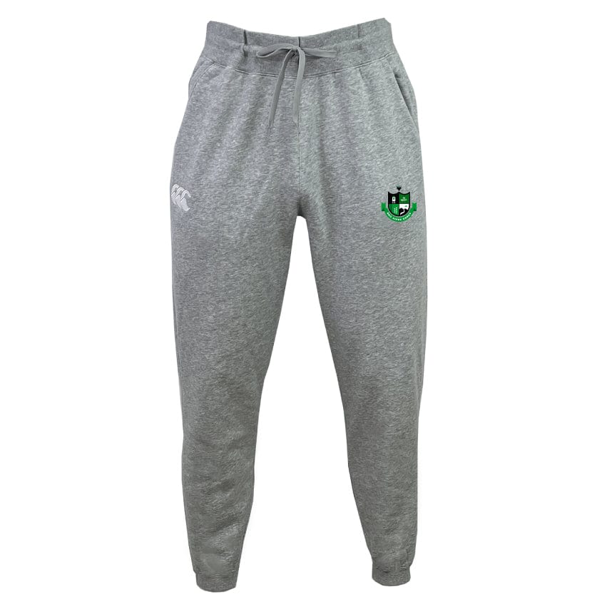 The Eno River Rugby Women's Leisure Sweatpant by EMB Canterbury is crafted from organic cotton and recycled polyester, featuring a drawstring waist, a white CAN logo on the left thigh, and a green-and-black crest on the right thigh.