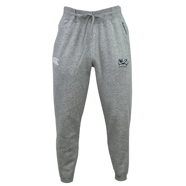 The Lake Zurich Leisure Sweatpant by Canterbury from EMB Canterbury are gray athletic sweatpants crafted from recycled polyester fleece. They include a drawstring waistband, a logo on the left thigh, and a small emblem on the right thigh.