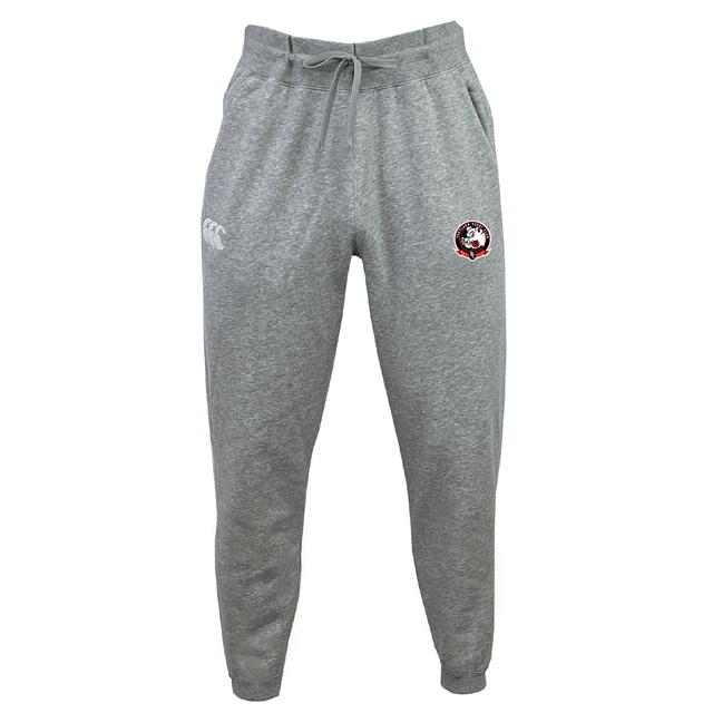 Portland Rugby Leisure Sweatpant by EMB Canterbury, crafted from recycled polyester fleece in gray, includes a drawstring waistband, with a logo on the left leg and a small emblem on the right.