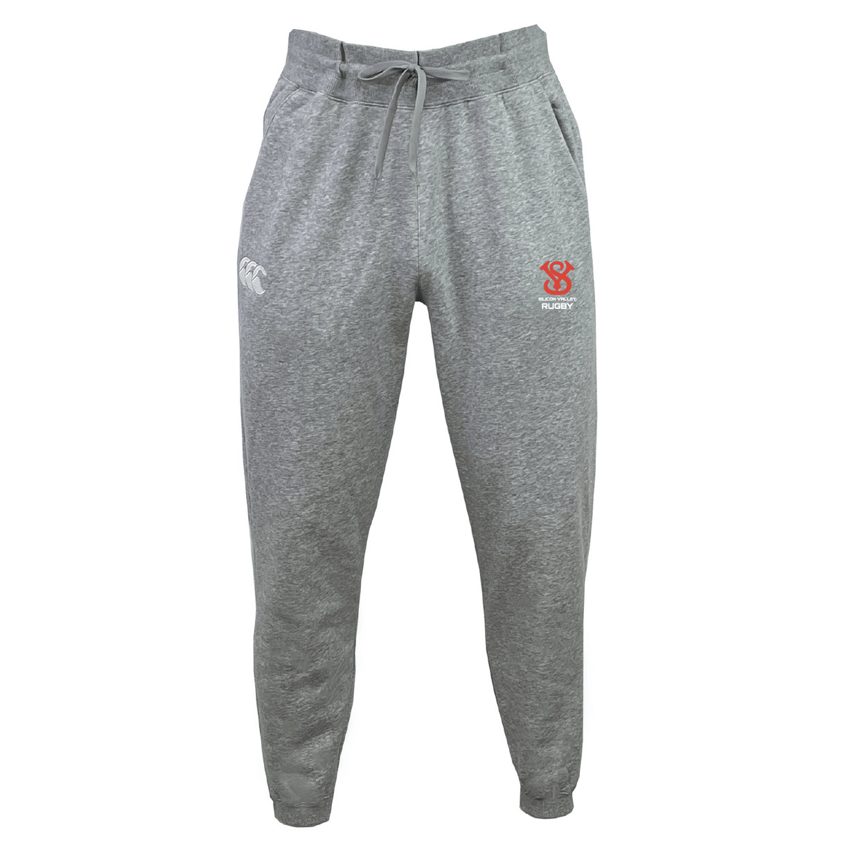 The Silicon Valley Leisure Sweatpant by EMB Canterbury is made from organic cotton and features a drawstring waist. It showcases a white Canterbury logo on the left and a red crest on the right side, delivering both comfort and style.