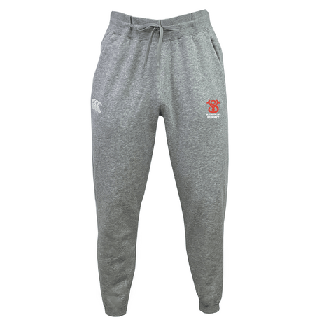 The Silicon Valley Leisure Sweatpant by EMB Canterbury is made from organic cotton and features a drawstring waist. It showcases a white Canterbury logo on the left and a red crest on the right side, delivering both comfort and style.