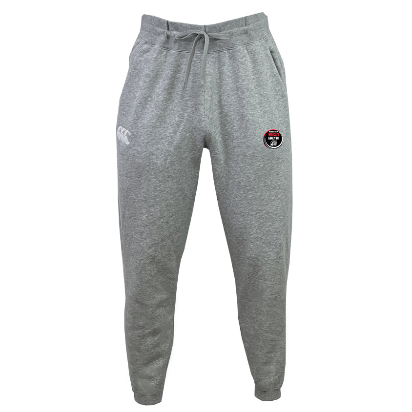 The Snoqualmie Valley Wildcats Leisure Sweatpant by EMB Canterbury is designed with an elastic waistband, a drawstring, and features two front logos: one on the left thigh and a round one near the right pocket. Made from recycled polyester and organic cotton blend.