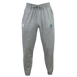 The Syracuse Silverbacks Leisure Sweatpant by EMB Canterbury is made from a blend of organic cotton and recycled polyester. These gray sweatpants feature a drawstring waistband, a small white logo on the right thigh, and a blue emblem on the left thigh, combining style with sustainability.