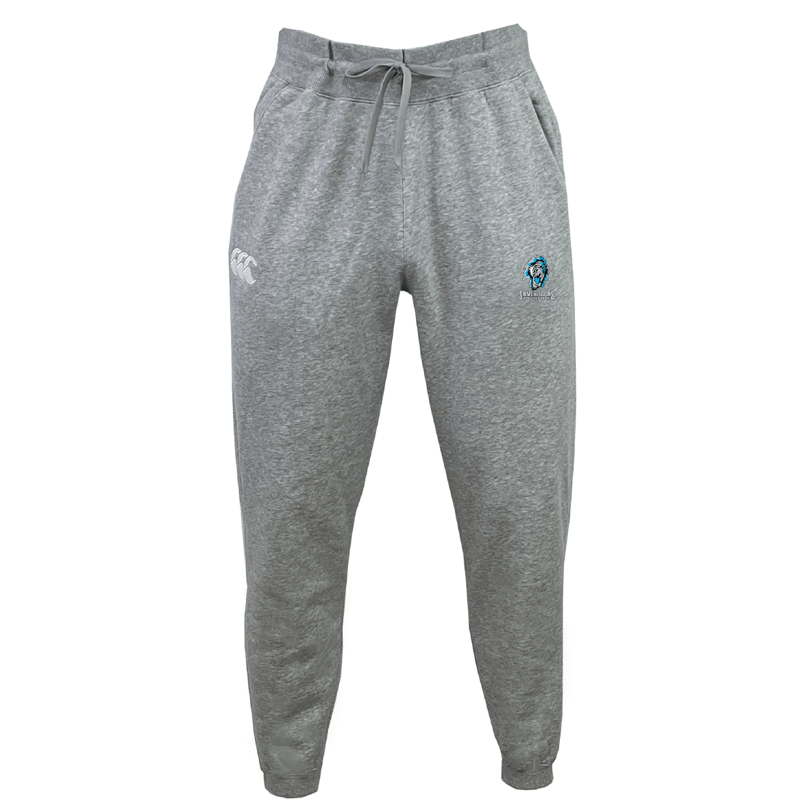 The Syracuse Silverbacks Leisure Sweatpant by EMB Canterbury is made from a blend of organic cotton and recycled polyester. These gray sweatpants feature a drawstring waistband, a small white logo on the right thigh, and a blue emblem on the left thigh, combining style with sustainability.