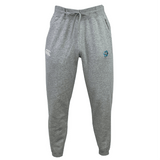 The Syracuse Silverbacks Leisure Sweatpant by EMB Canterbury is made from a blend of organic cotton and recycled polyester. These gray sweatpants feature a drawstring waistband, a small white logo on the right thigh, and a blue emblem on the left thigh, combining style with sustainability.