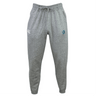 The Syracuse Silverbacks Leisure Sweatpant by EMB Canterbury is made from a blend of organic cotton and recycled polyester. These gray sweatpants feature a drawstring waistband, a small white logo on the right thigh, and a blue emblem on the left thigh, combining style with sustainability.