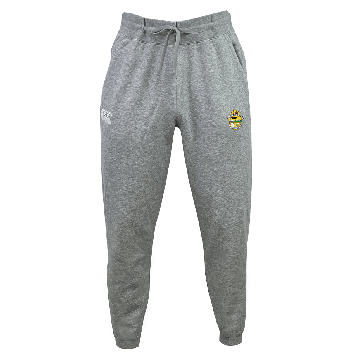 The Tacoma Rugby Leisure Sweatpant by EMB Canterbury is made from organic cotton, featuring a drawstring waist and a small embroidered logo on the left thigh.