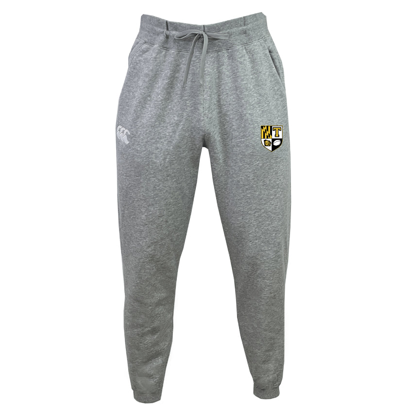The Towson University Rugby Leisure Sweatpant by EMB Canterbury features a drawstring waistband and logos on the front, crafted sustainably from a blend of organic cotton and recycled polyester.