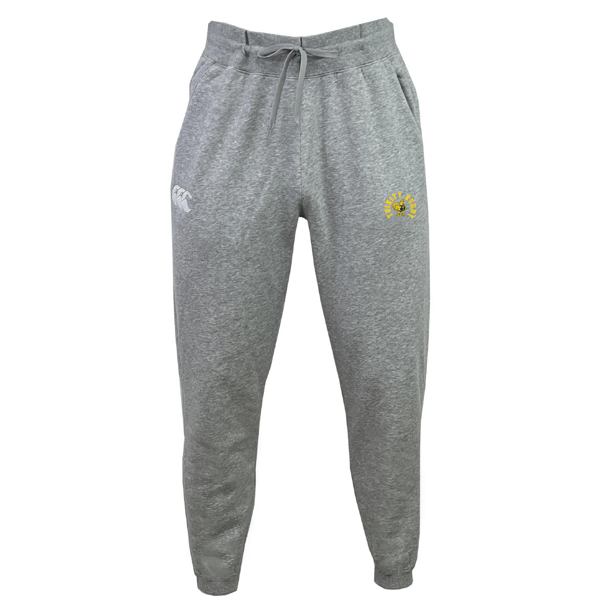 Made from recycled polyester fleece, the Trinity College Leisure Sweatpant by EMB Canterbury comes in gray and features a drawstring waist. It showcases both a white logo on the left hip and a yellow emblem on the right.