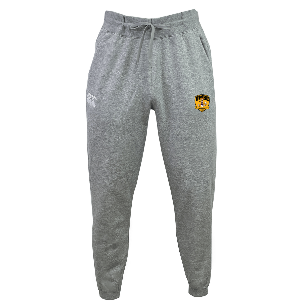 University of Maryland Baltimore County Rugby Leisure Sweatpant by EMB Canterbury: Gray sweatpants made from recycled polyester and organic cotton with a drawstring waist, featuring the CCC logo on the right and a UMBC emblem on the left.