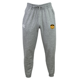 University of Maryland Baltimore County Rugby Leisure Sweatpant by EMB Canterbury: Gray sweatpants made from recycled polyester and organic cotton with a drawstring waist, featuring the CCC logo on the right and a UMBC emblem on the left.