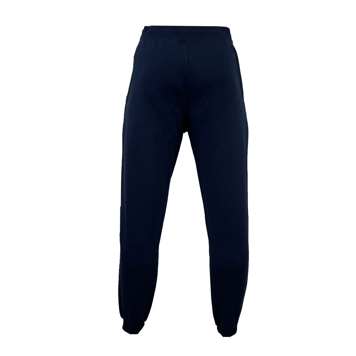 A pair of Canterbury Leisure Sweatpants by Canterbury in dark blue, crafted from a sustainable blend of organic cotton, featuring an elastic waistband and cuffed ankles, isolated on a white background.