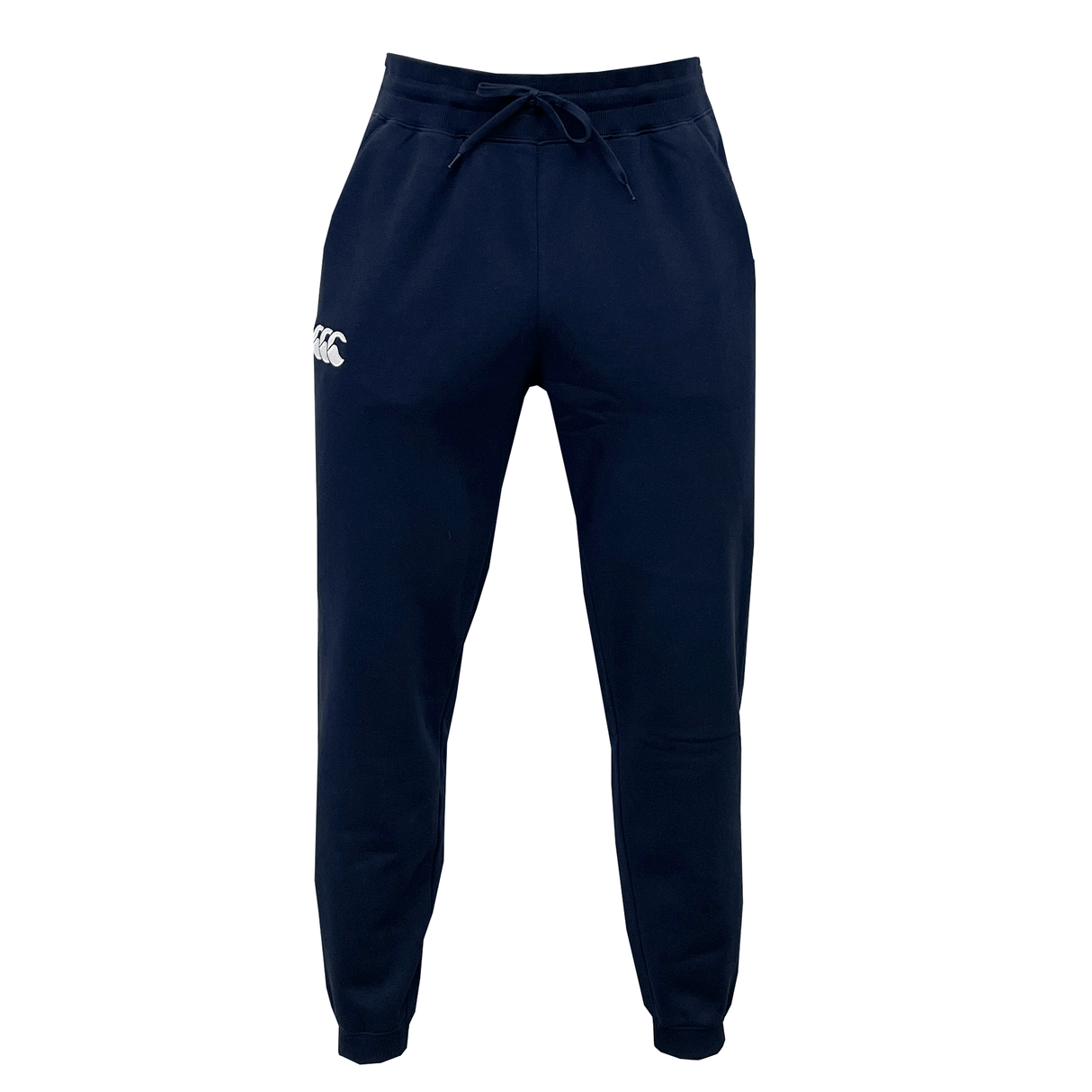 The Canterbury Leisure Sweatpant by Canterbury comes in navy blue and features an elastic waistband, drawstring, and pockets. Crafted from a sustainable blend, these athletic pants have a logo printed on the left thigh.