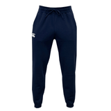 The Canterbury Leisure Sweatpant by Canterbury comes in navy blue and features an elastic waistband, drawstring, and pockets. Crafted from a sustainable blend, these athletic pants have a logo printed on the left thigh.