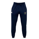 The Clover Girls Rugby Women's Leisure Sweatpant by EMB Canterbury, in navy blue, is designed for ultimate comfort and style. These women's sweatpants feature a white logo on the left leg and a colorful emblem on the right. Made from recycled polyester, they come with a drawstring waistband.