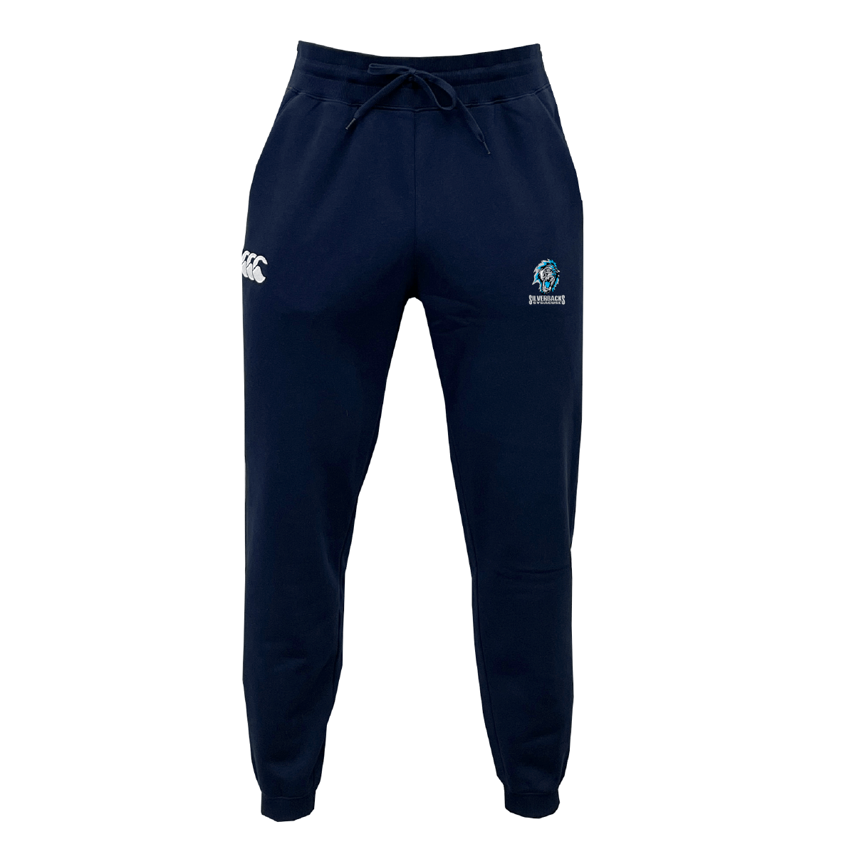 The Syracuse Silverbacks Leisure Sweatpants by EMB Canterbury are navy blue, crafted from recycled polyester, and feature a drawstring waistband along with logos on both thighs.