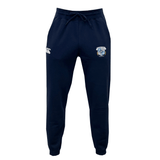 The Milwaukee Barbarians Rugby Leisure Sweatpant by EMB Canterbury features a navy blue design with a drawstring waist, white logo on the left thigh, and embroidered crest on the right, made from recycled polyester fleece.