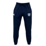 The Milwaukee Barbarians Rugby Leisure Sweatpant by EMB Canterbury features a navy blue design with a drawstring waist, white logo on the left thigh, and embroidered crest on the right, made from recycled polyester fleece.