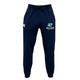 The NC Rugby Academy - Megalodons Leisure Sweatpant by EMB Canterbury features a drawstring waist, navy blue sustainable fabric, white CCC logo on the left, and Megalodons Swim Academy logo on the right thigh.