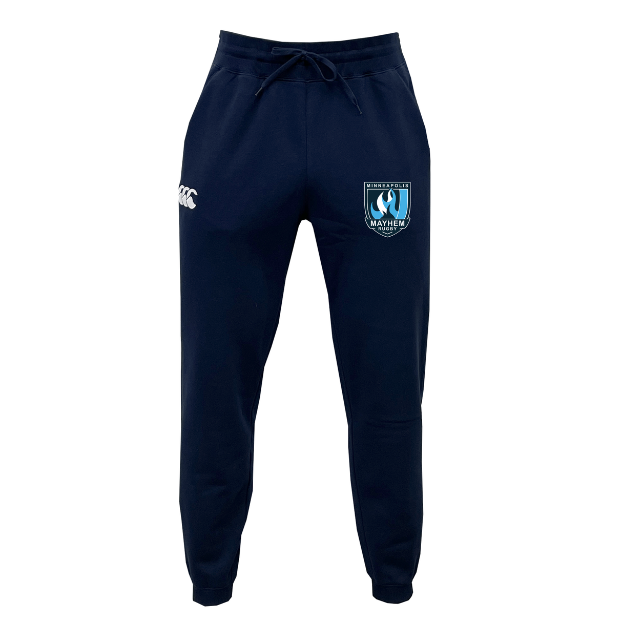 Minneapolis Mayhem Rugby Leisure Sweatpant by EMB Canterbury in navy blue, crafted from recycled polyester fleece with a drawstring waist, features a white Canterbury logo on the left thigh and a blue Minneapolis Mayhem team crest on the right thigh.
