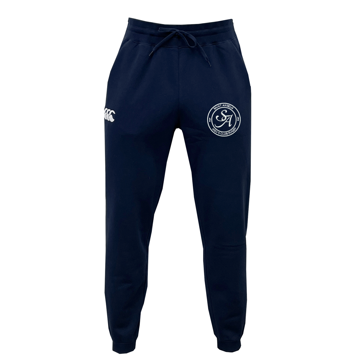 The EMB Canterbury Saint Anselm College Club Rugby Leisure Sweatpant is a navy organic cotton jogger featuring a drawstring waist, side pockets, and two white logos on the upper thighs.