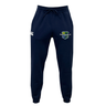 The Kingwood Rugby Leisure Sweatpant by EMB Canterbury is a navy blue jogger made from recycled polyester fleece, featuring a drawstring waist, side pockets, a white Canterbury logo on the right, and an embroidered crest on the left thigh.