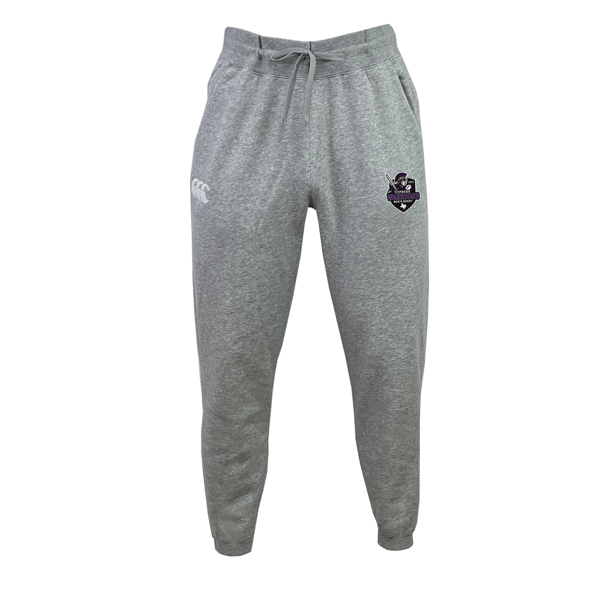 The Cypress Warriors Men's Rugby Leisure Sweatpant by EMB Canterbury features light grey organic cotton and recycled polyester fleece, an elastic waistband with drawstring, and two embroidered logos on the upper thighs. Shown on a plain white background.
