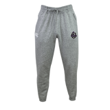 The Cypress Warriors Men's Rugby Leisure Sweatpant by EMB Canterbury features light grey organic cotton and recycled polyester fleece, an elastic waistband with drawstring, and two embroidered logos on the upper thighs. Shown on a plain white background.