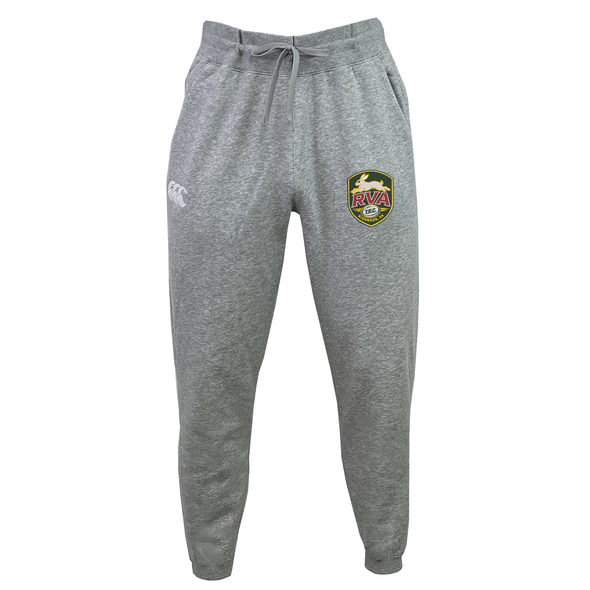 The RVA T.R.C. Leisure Sweatpant by EMB Canterbury features a gray organic cotton sweatpants fabric, complete with a drawstring waist, a white EMB Canterbury logo on the left thigh, and a vibrant RVA emblem on the right thigh, all showcased against a plain white background.