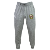 The RVA T.R.C. Leisure Sweatpant by EMB Canterbury features a gray organic cotton sweatpants fabric, complete with a drawstring waist, a white EMB Canterbury logo on the left thigh, and a vibrant RVA emblem on the right thigh, all showcased against a plain white background.