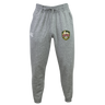 The RVA T.R.C. Leisure Sweatpant by EMB Canterbury features a gray organic cotton sweatpants fabric, complete with a drawstring waist, a white EMB Canterbury logo on the left thigh, and a vibrant RVA emblem on the right thigh, all showcased against a plain white background.