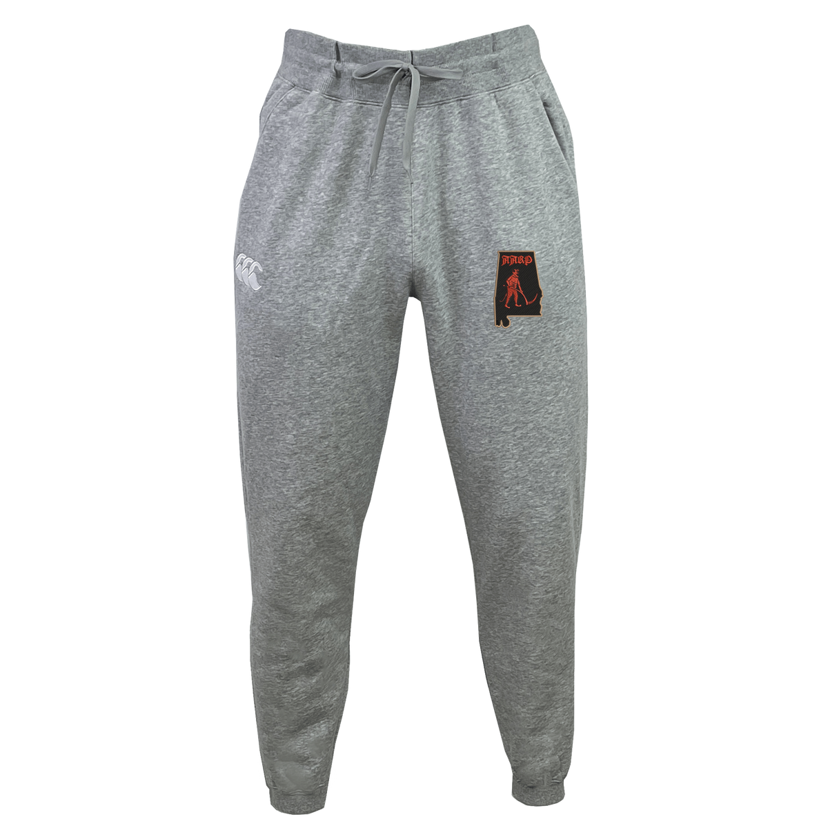 Aging Alabama Rugby Players Leisure Sweatpant by EMB Canterbury in grey organic cotton, featuring a drawstring waist and an Alabama state silhouette logo with a hockey player.