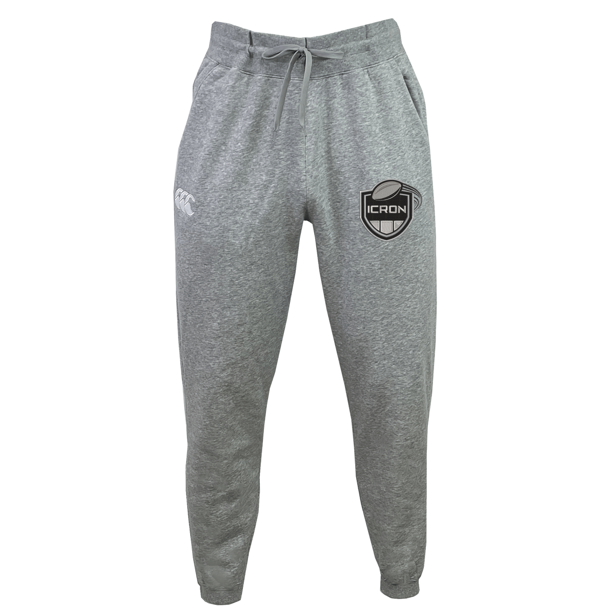 Grey heathered organic cotton ICRON Leisure Sweatpant by Canterbury with a drawstring waist, brand logo on the right hip, and an “ICRON” crest on the left thigh.
